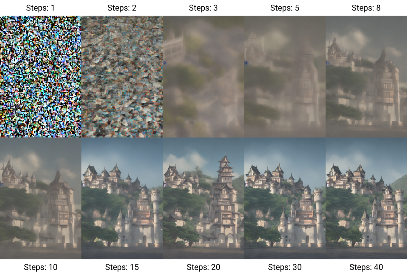 Samples generated with DDIM at different step counts. More steps generally means higher fidelity, but the returns flatten fast, which is why 20 to 50 step samplers became standard. (Image: Wikimedia Commons, CC BY-SA 4.0)